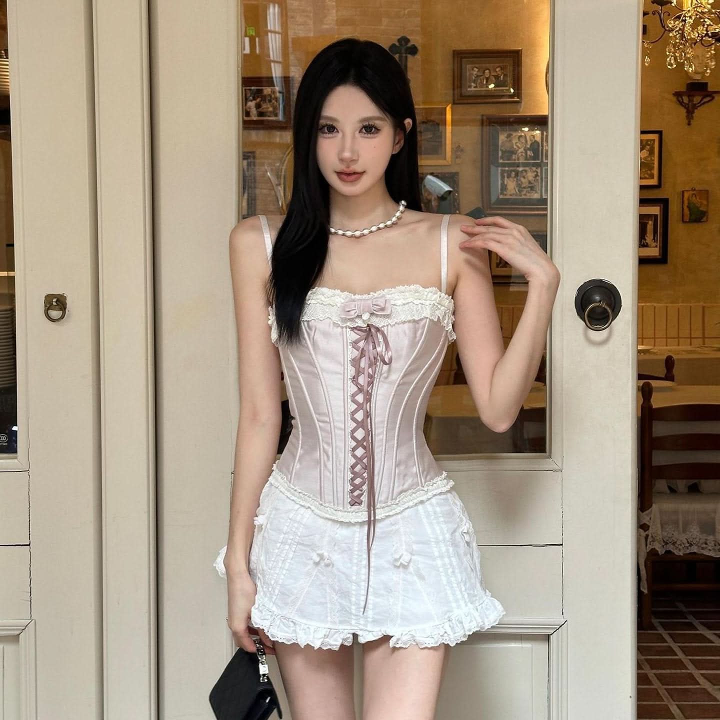 Lace hem bowknot bustier lace up cami top