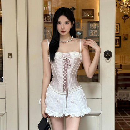 Lace hem bowknot bustier lace up cami top