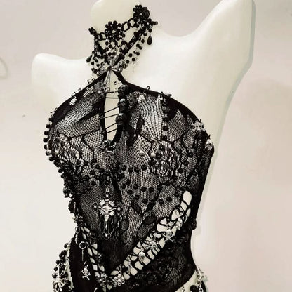 Halter hollow out beaded zip-up mini skirt set