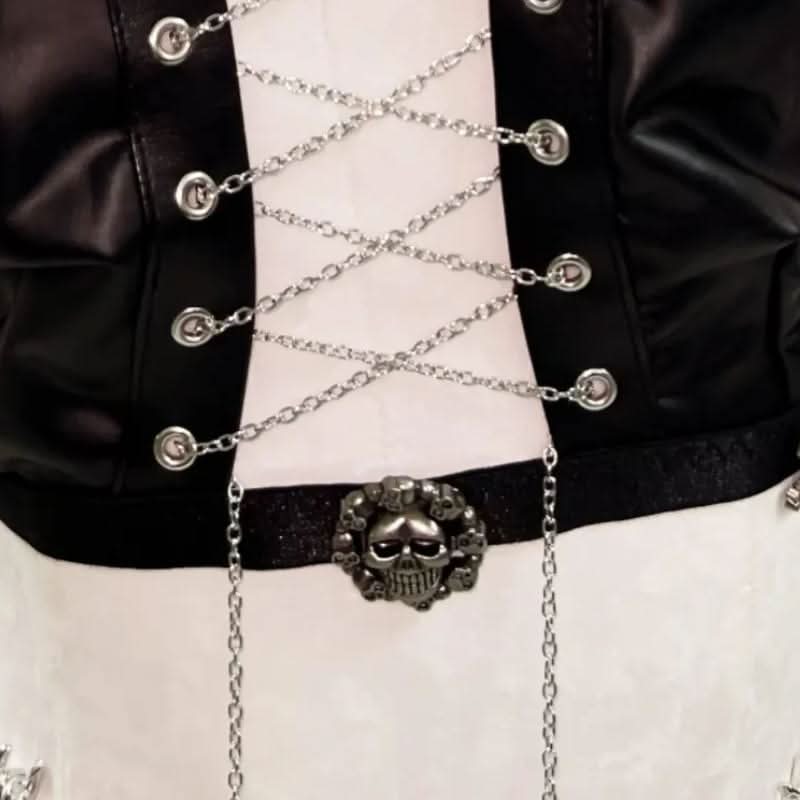 Lace up metal chain hollow out skull applique mini skirt set