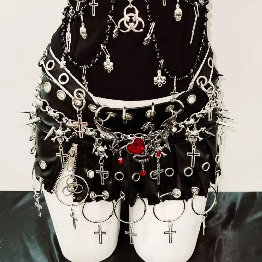 PU leather beaded skull o ring metal chain mini skirt set