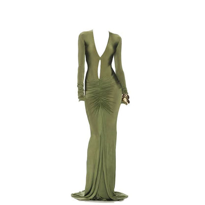 Long sleeve v neck ruched hollow out cut out maxi dress