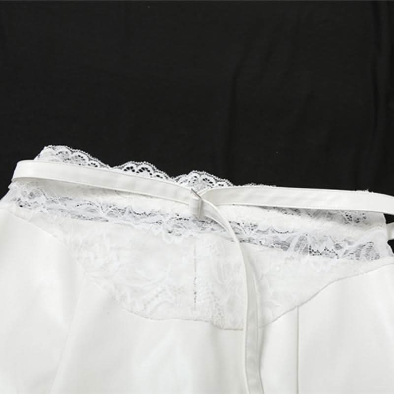 Slit lace hem PU leather belt solid mini skirt