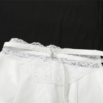 Slit lace hem PU leather belt solid mini skirt