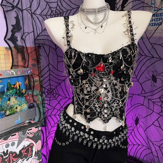 Metal chain love applique v neck hollow out cami cut out top