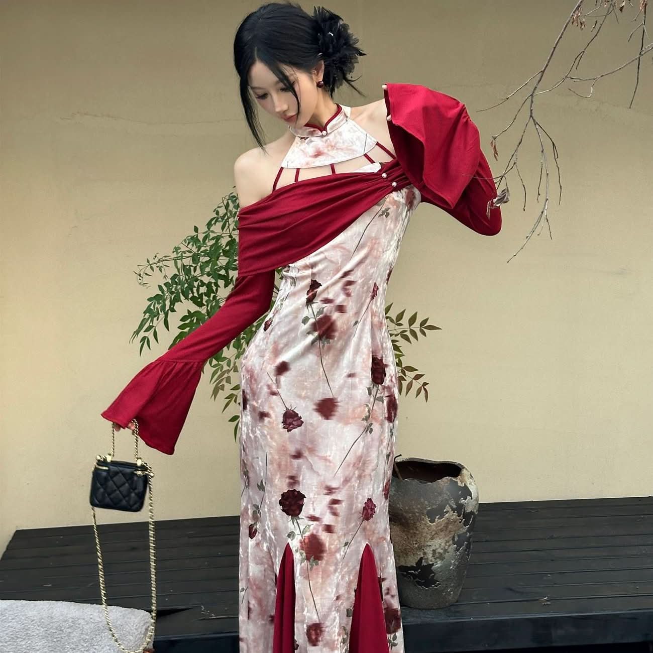 Long flared sleeve velvet flower print hollow out cut out maxi dress