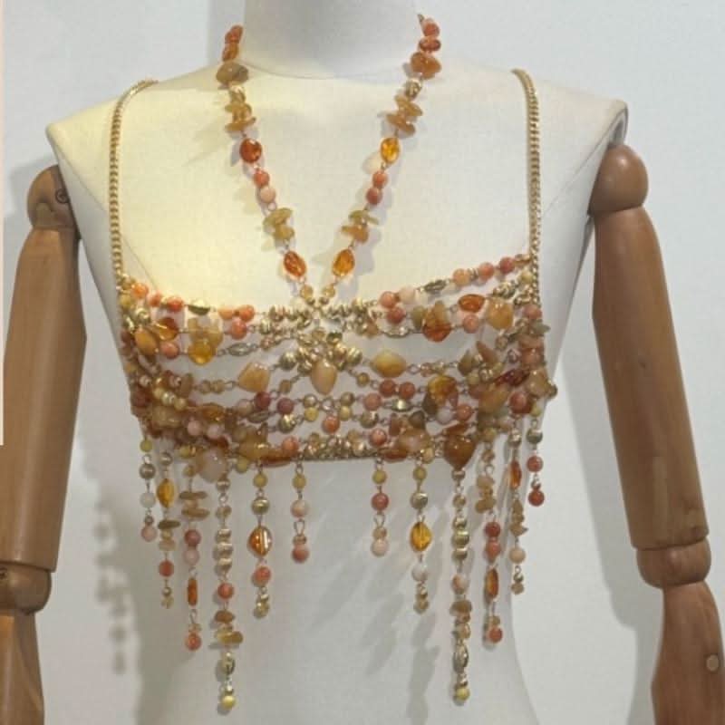 Metal chain hollow out halter beaded cami cut out top