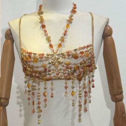 Metal chain hollow out halter beaded cami cut out top