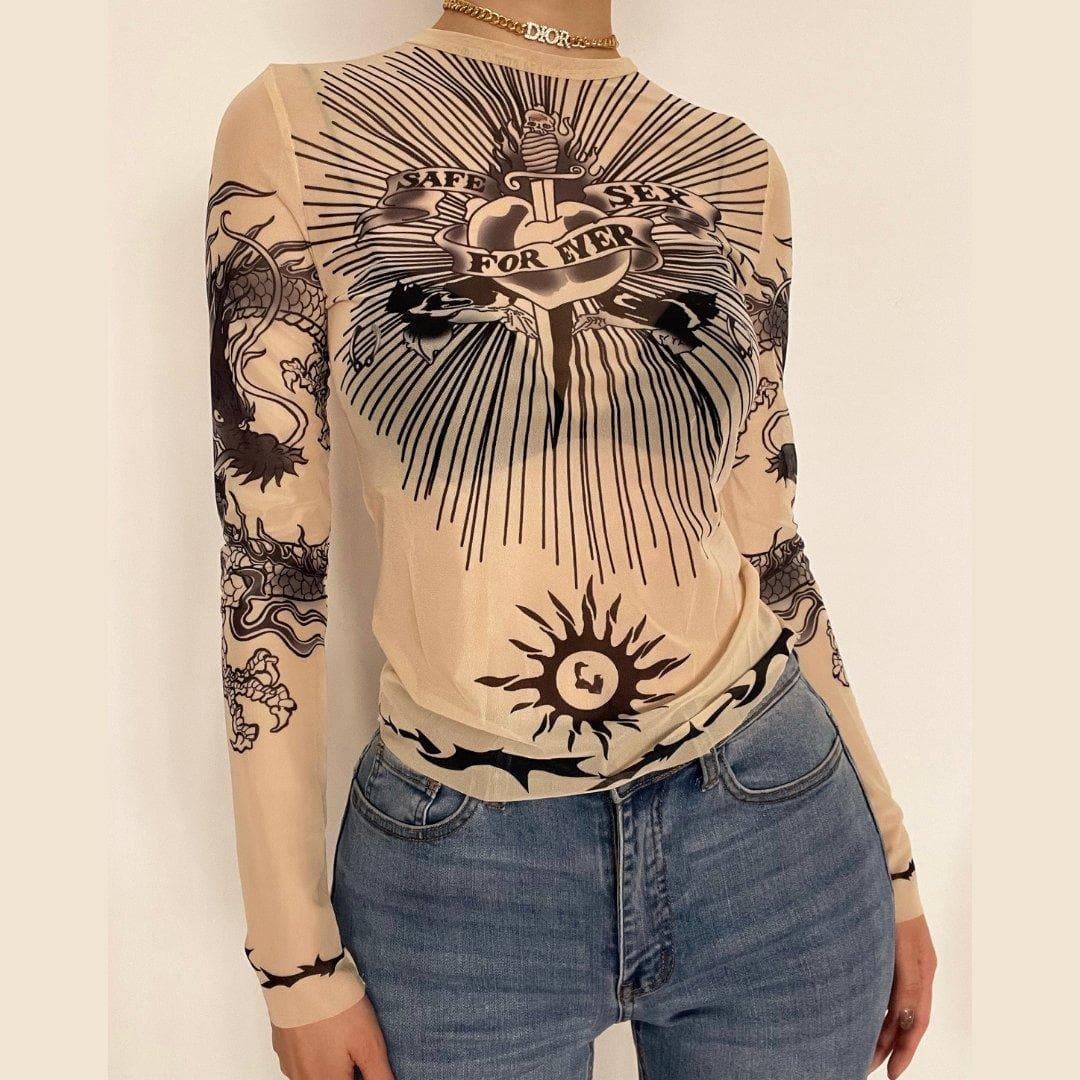 Long sleeve crewneck mesh see through print top