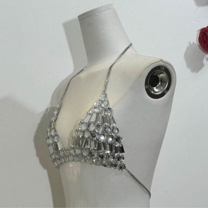 Halter metal chain beaded v neck top