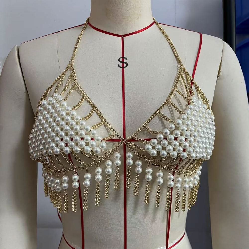 Halter tassels beaded metal chain hollow out cut out top