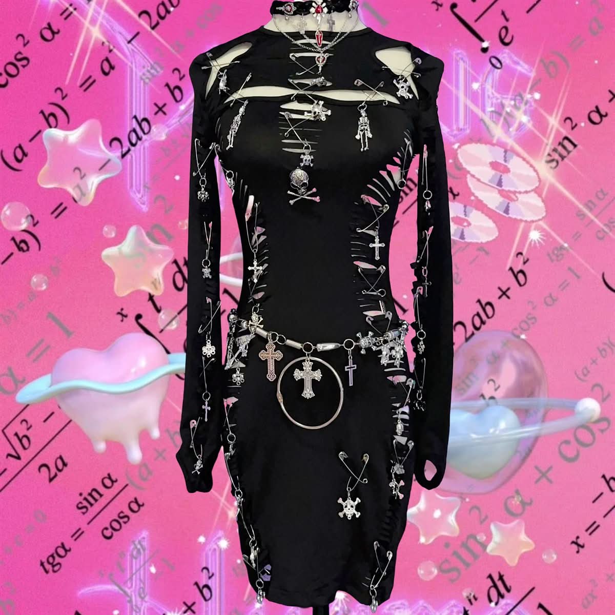 Long sleeve hollow out o ring skull applique cut out mini dress