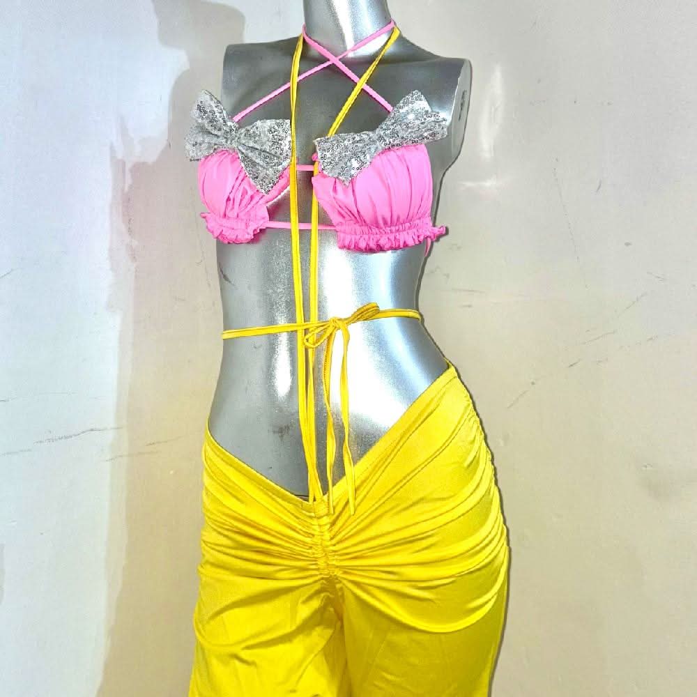 Halter bowknot ruched contrast hollow out self tie low rise pant set