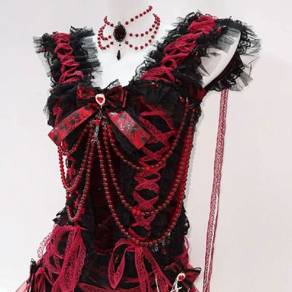 Bowknot beaded lace hem lace up v neck mini skirt set