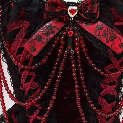 Bowknot beaded lace hem lace up v neck mini skirt set