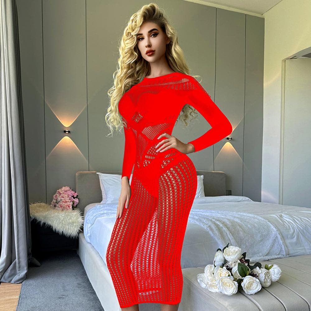 Long sleeve crewneck hollow out cut out maxi dress