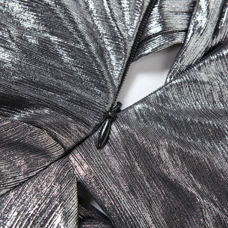 Cross front hollow out high slit ruched metallic cut out maxi dress