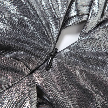 Cross front hollow out high slit ruched metallic cut out maxi dress