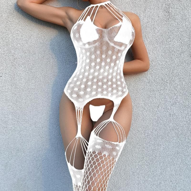 Halter fishnet patchwork net suspender strappy bodystocking