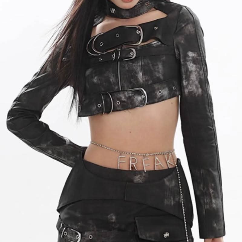 Long sleeve PU leather buckle pocket mini skirt set