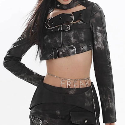 Long sleeve PU leather buckle pocket mini skirt set