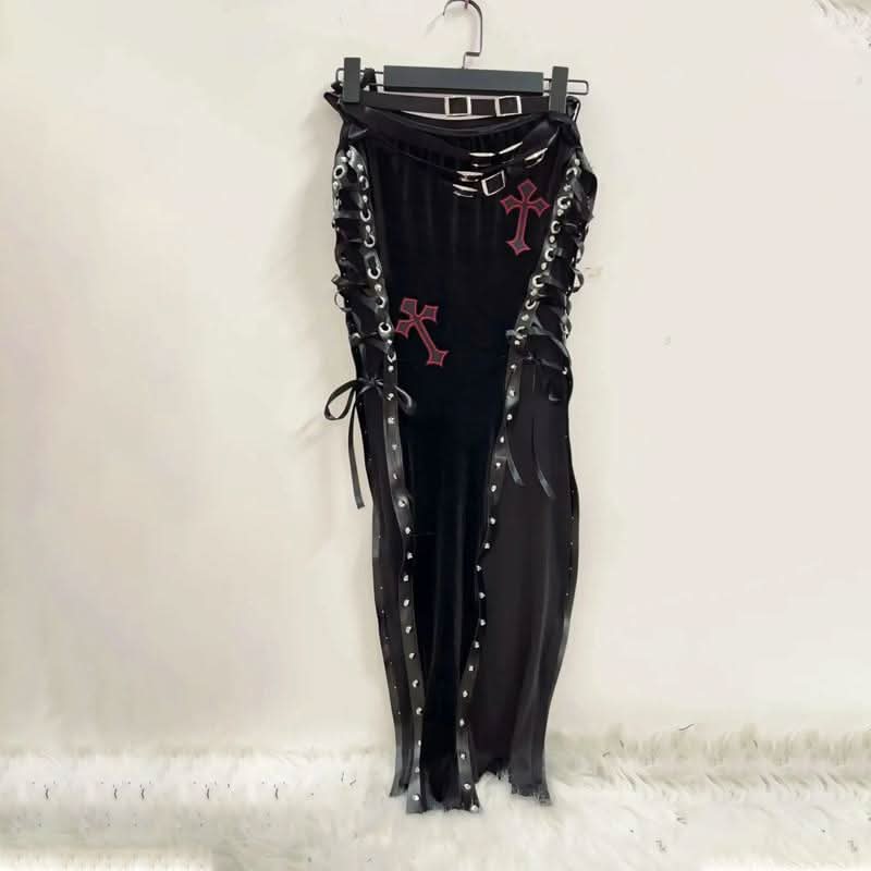 Lace up cross pattern contrast maxi skirt