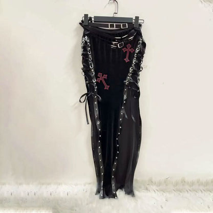 Lace up cross pattern contrast maxi skirt