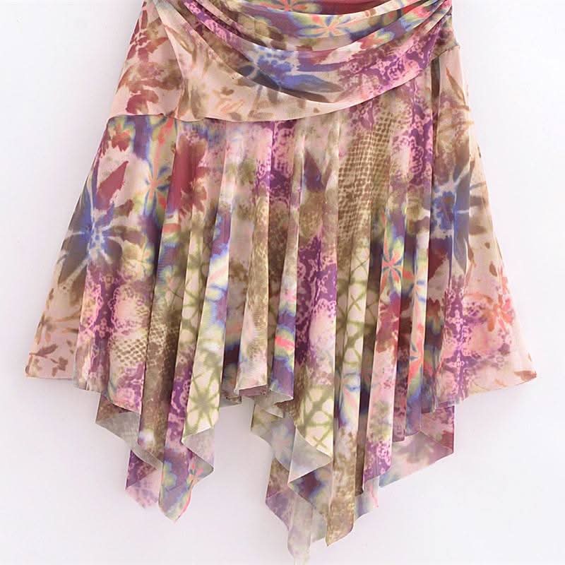 Halter self tie ruched print mesh v neck mini dress