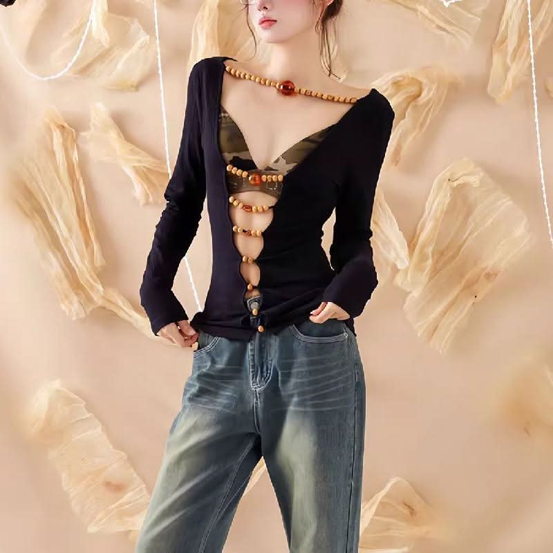 Long sleeve hollow out beaded v neck cut out top