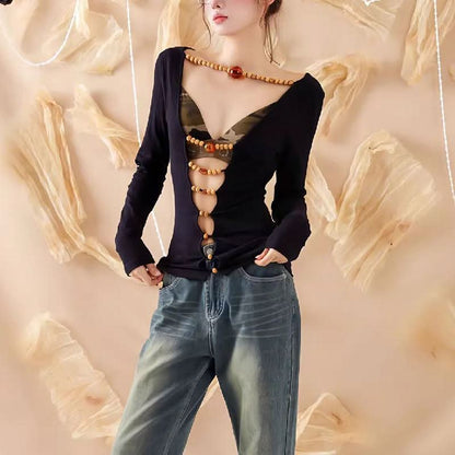 Long sleeve hollow out beaded v neck cut out top