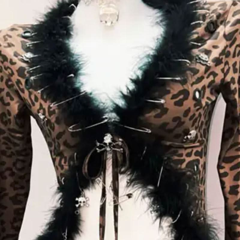 Leopard print feather v neck long sleeve mini skirt set