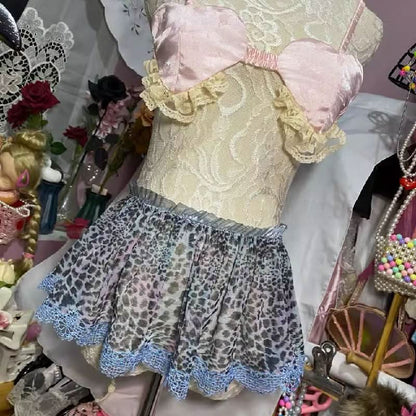 Bowknot leopard print lace hem ribbon mini skirt