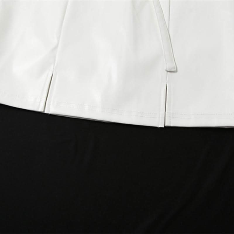 Slit lace hem PU leather belt solid mini skirt