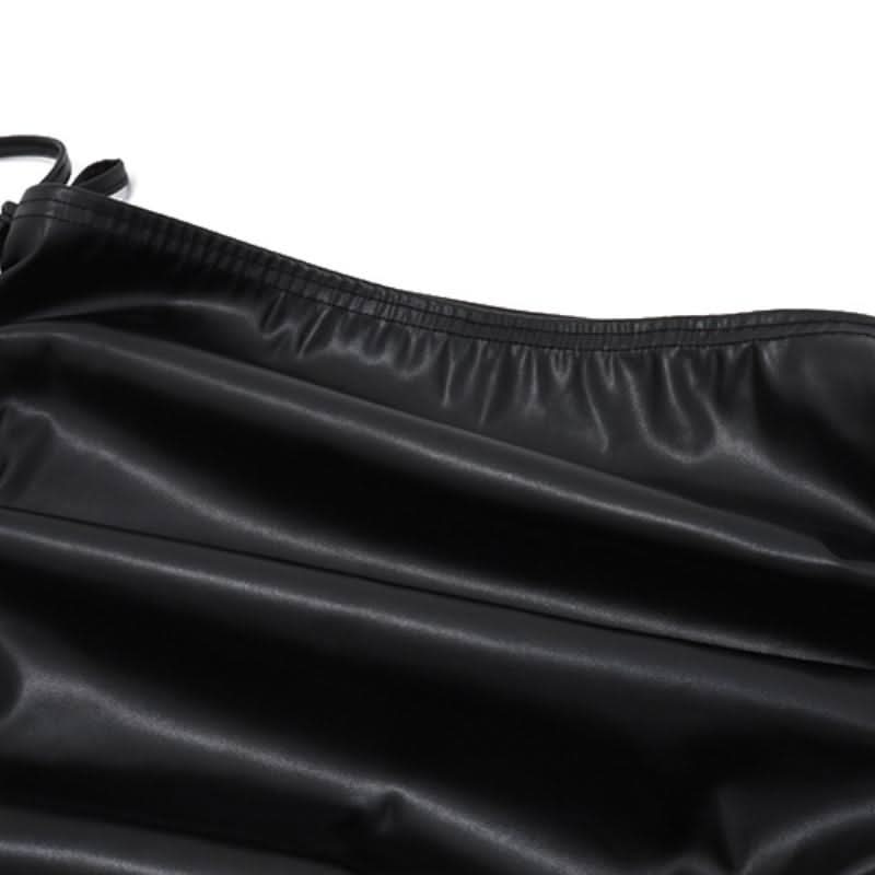 Ruched self tie PU leather solid midi skirt