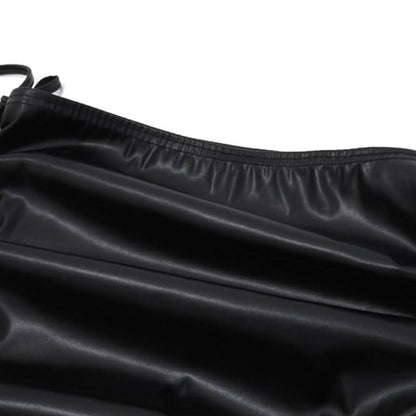 Ruched self tie PU leather solid midi skirt