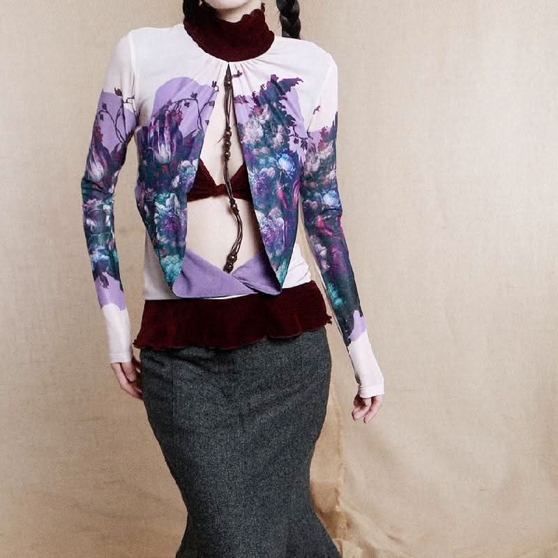 Long sleeve high neck ruffle beaded flower print top