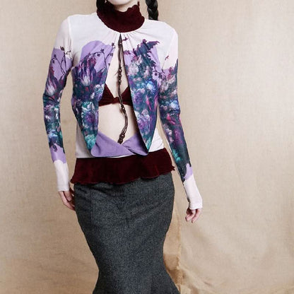 Long sleeve high neck ruffle beaded flower print top