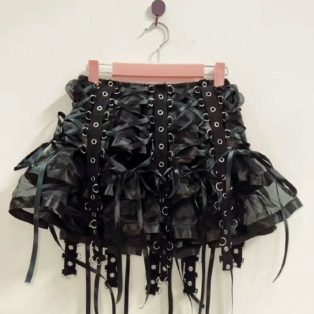 Ruffle lace up self tie mini skirt