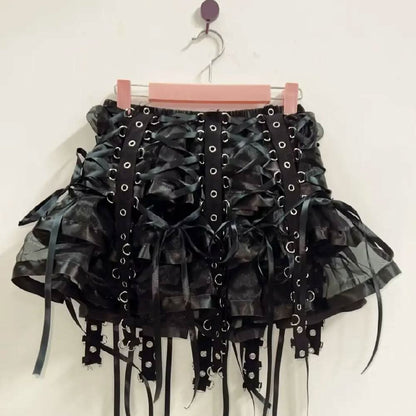 Ruffle lace up self tie mini skirt