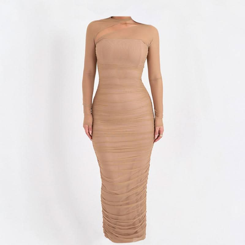Long sleeve mesh ruched maxi dress