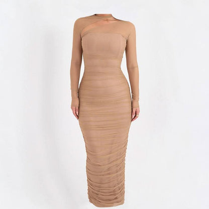 Long sleeve mesh ruched maxi dress