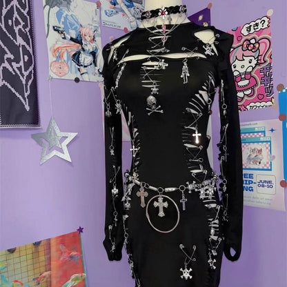 Long sleeve hollow out o ring skull applique cut out mini dress