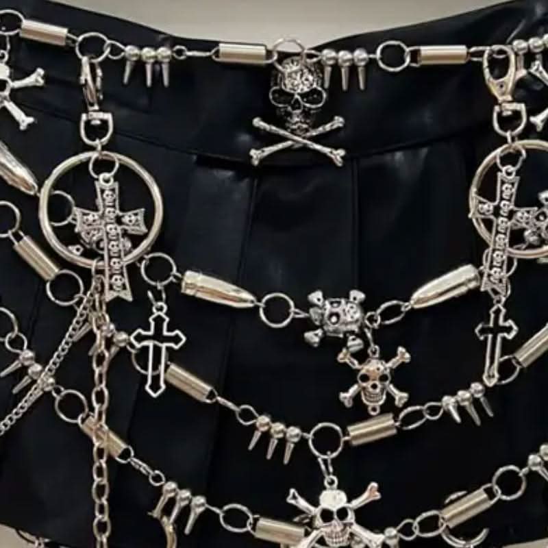 Metal chain o ring pleated skull applique mini skirt