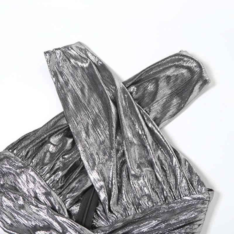 Cross front hollow out high slit ruched metallic cut out maxi dress