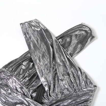 Cross front hollow out high slit ruched metallic cut out maxi dress