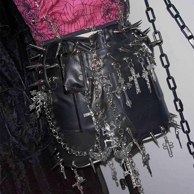Metal chain PU leather rivet applique zip-up mini skirt