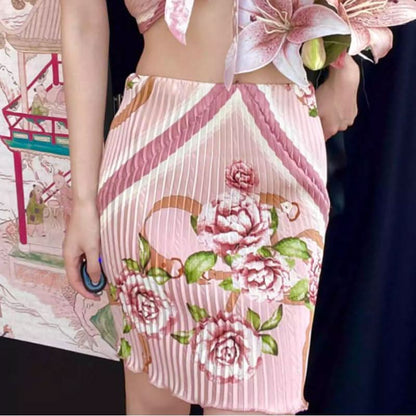 Bowknot ruffle ruched contrast flower print skirt set