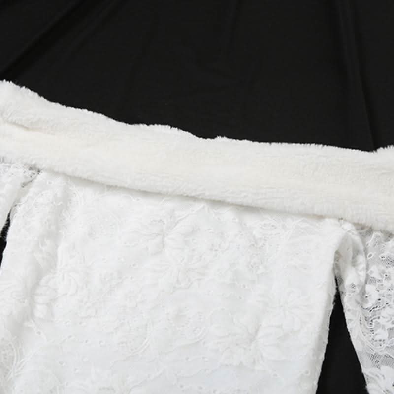 Off shoulder long flared sleeve feather lace mini dress