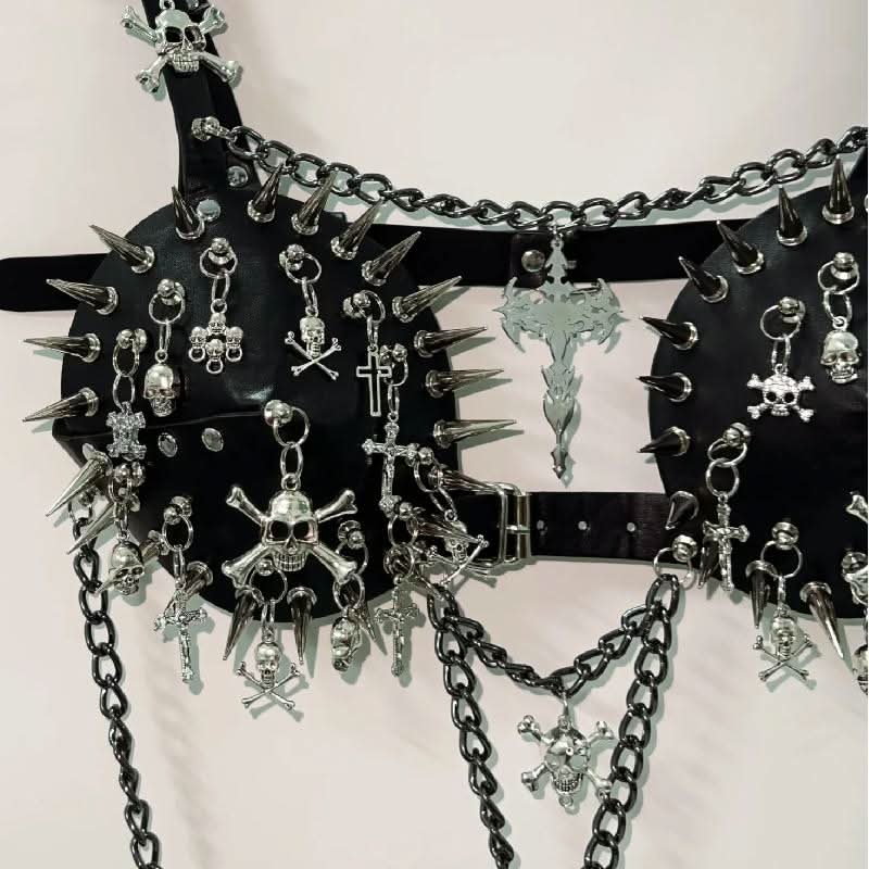 Metal chain rivet skull applique buckle cami top