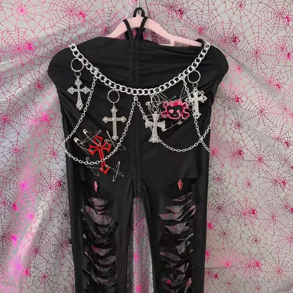 Hollow out metal chain self tie pant